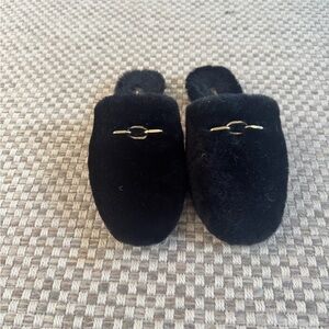 Anine Bing Black Fuzzy Slippers with Gold Detail